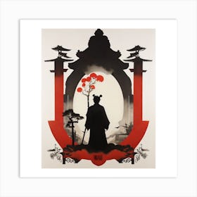 man standing in front of a red and black frame, holding a staff and surrounded by cherry blossoms. The man is dressed in traditional Japanese attire, with a black kimono and a black hat. The cherry blossoms add a touch of color and beauty to the scene, creating a serene and peaceful atmosphere. Art Print