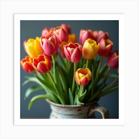 A Bunch Of Colorful Tulips Arranged In A Rustic Vase 2 Art Print