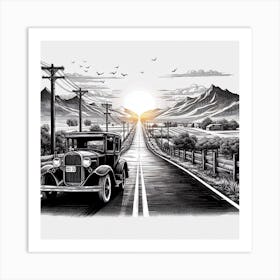 Vintage Car On The Road Art Print