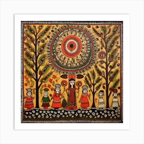 Traditional Painting, Oil On Canvas, Brown Color Madhubani Painting Indian Traditional Style Art Print