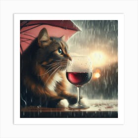 Cat Drinking Wine In The Rain 3 Art Print