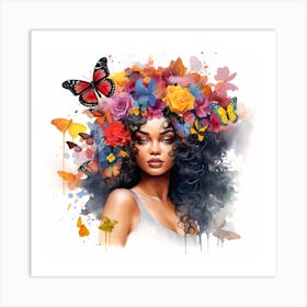 Maraclemente Black Woman Watercolors With Colorful Flowers And Art Print