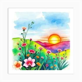 Watercolor Landscape With Flowers Art Print