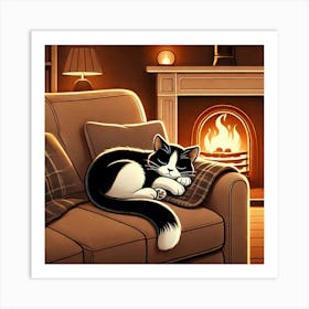 Cat Sleeping In Front Of Fireplace Art Print