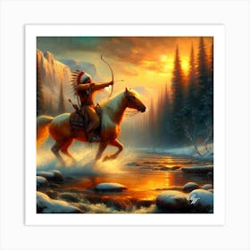 Native American Indian Shooting A Bow Crossing Stream 4 Copy Art Print