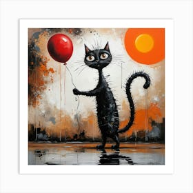 Black Cat With Red Balloon Art Print