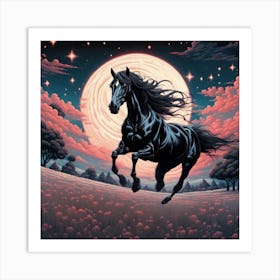 Black Horse In The Moonlight 1 Art Print