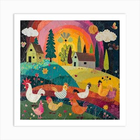 Kitsch Chickens On The Farm Mixed Media Painting Art Print