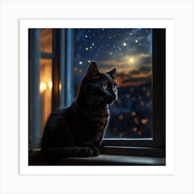 Cat Looking Out The Window At Night Art Print