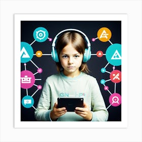 Young Girl With Headphones Listening To Music Art Print