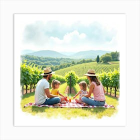 Watercolor Scene Of An Italian Family Enjoying A Day At A Sunny Vineyard Art Print