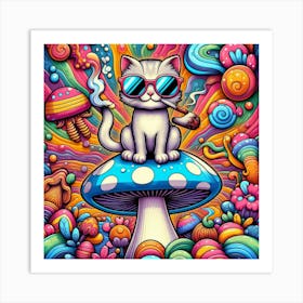 Psychedelic Cat On Mushroom Art Print