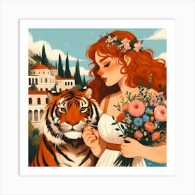 Greek Girl With Tiger and Flower Bouquet Art Print