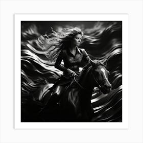 Black And White Portrait Of A Woman Riding A Horse Art Print