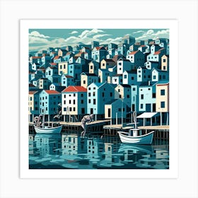 Modern Fishing Village Cubism Style Art Print