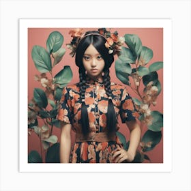 Asian Girl In Floral Dress Art Print