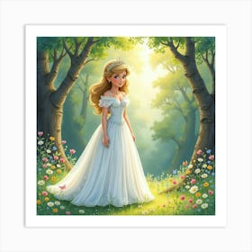 Watercolor Princess Diana With A Charming Fairy Tale Forest 1 Art Print