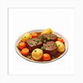 A Bright Watercolor Scene Of A Savory And Hearty Beef Stew With Potatoes And Carrots Art Print