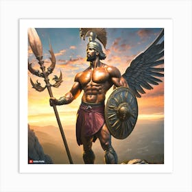 Firefly The Image Depicts A Statue Of A Muscular Man With A Large Winged Helmet, Holding A Spear In (1) Art Print