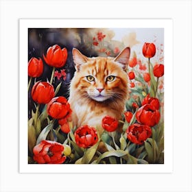 Cat With Red Tulips Art Print