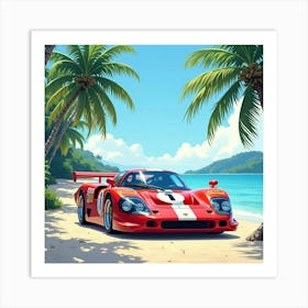 Porsche 911 Gt1 In A Bright, Watercolor Tropical Island Setting Art Print