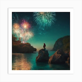 Mermaid admires fireworks Art Print