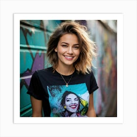 Confident Young Woman Smiles Wearing A Stylish T Shirt Mid Shot Vibrant Urban Background With Gra (3) Art Print