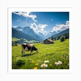 Alpine Meadow With A Cow Grazing Spring Setting Blossoming Flowers Dotting The Lush Grass Warm Su (5) Art Print