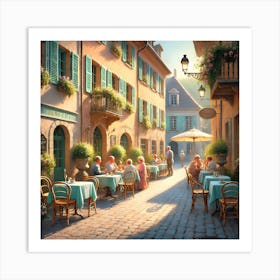 Romantic European Café Scene with Cobblestone Streets – Quiet Outdoor Ambiance Art Print