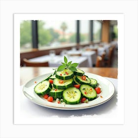 Watercolor Art Of A Fresh And Vibrant Cucumber Salad On A Stylish Restaurant Table Art Print