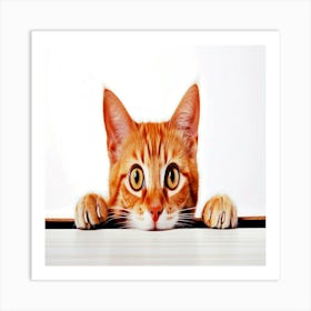 Orange Tabby Cat,A playful cat peeking from behind a white surface Art Print