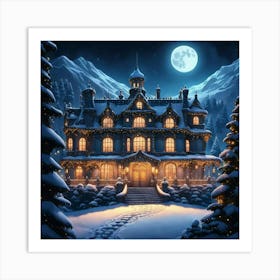 Christmas House At Night Art Print