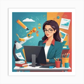 Woman Working At Desk Affiche