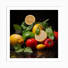 Fresh Fruits And Vegetables On Black Background Art Print