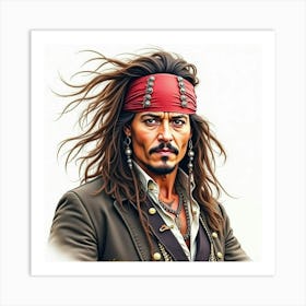 Watercolor Johnny Depp As A Pirate, Windswept Hair, Rugged, Adventurous Art Print