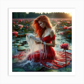 Red Haired Woman In Water Art Print