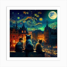 van goth cats staring at the moon Art Print