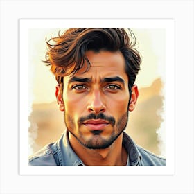 Handsome Spanish Man With Deep Eyes, Watercolor Portrait, Sunlit Background 1 Art Print