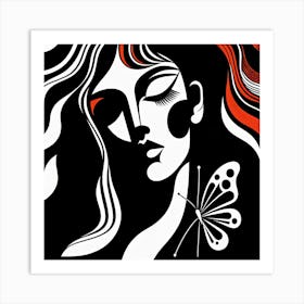 Bold and Strong Female Portrait with Butterfly in Black and Red Art Print