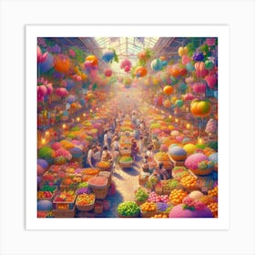 A vibrant and bustling market filled with colorful fruits and flowers.3 Art Print