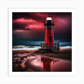 Red Lighthouse At Dusk Art Print