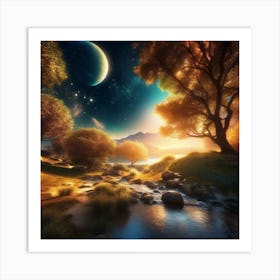 Landscape With Trees And Moon Art Print