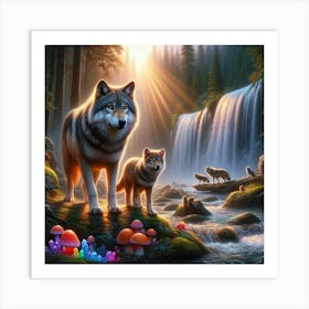 Wolf Family by Waterfall Art Print