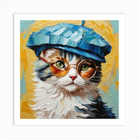 Oil painting of a fluffy kitten donning a beret and a round glasses, abstract background Art Print