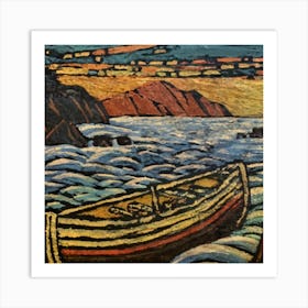 Oil painting of a boat in a body of water, woodcut, inspired by Gustav Baumann 4 Art Print