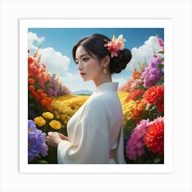 Asian Girl In Flowers Art Print