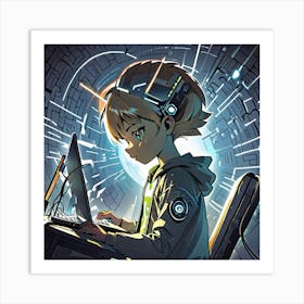 Boy Using A Laptop Art Print