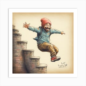 Man Jumping Down Stairs Art Print