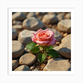 Pink Rose On Rocks Art Print