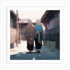 Two Women Walking Down A Street Art Print